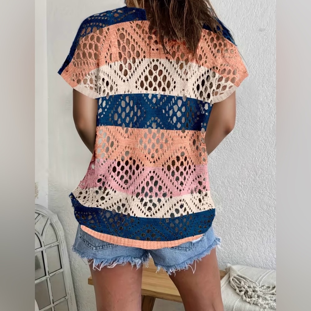 SALE, TODAY ONLY! PRICE FIRM! Boho Summer Open Knit Colorblock Sweater - Picture 3 of 3